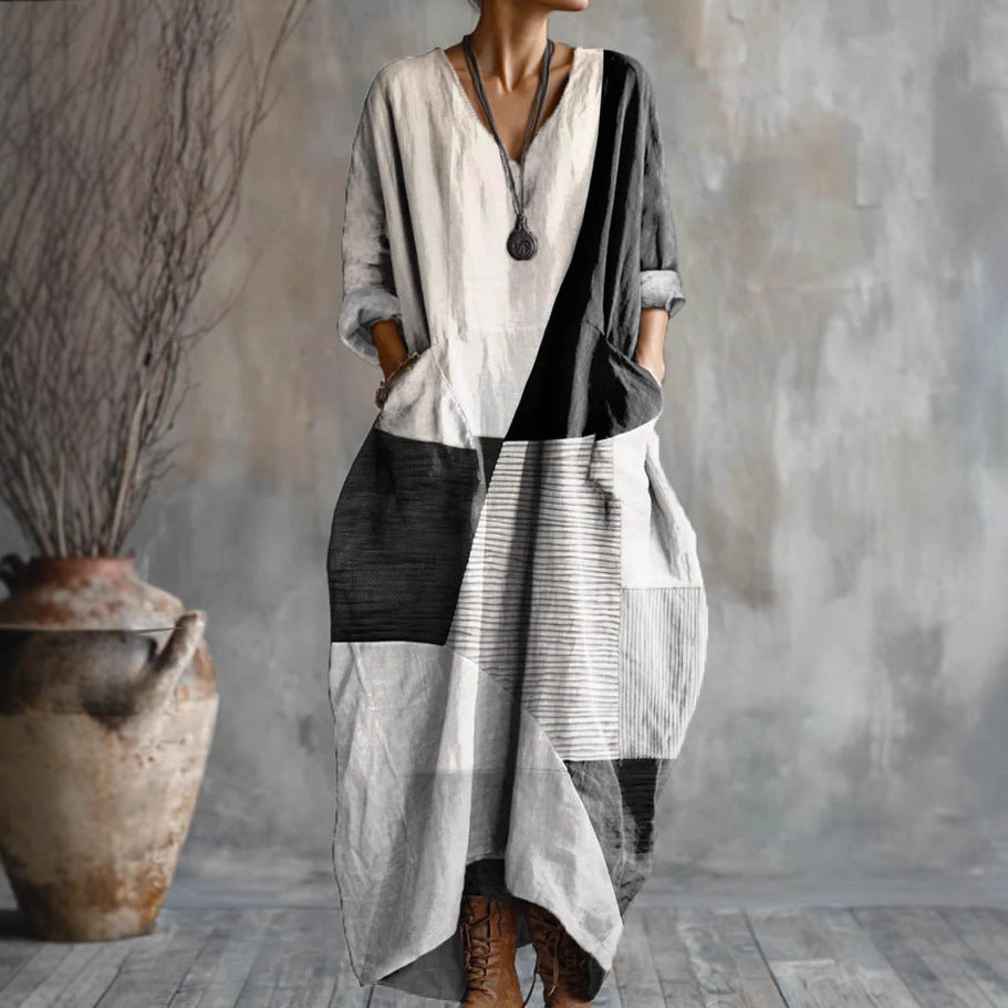 Printed Art Pocket V-Neck Long-Sleeve Dress