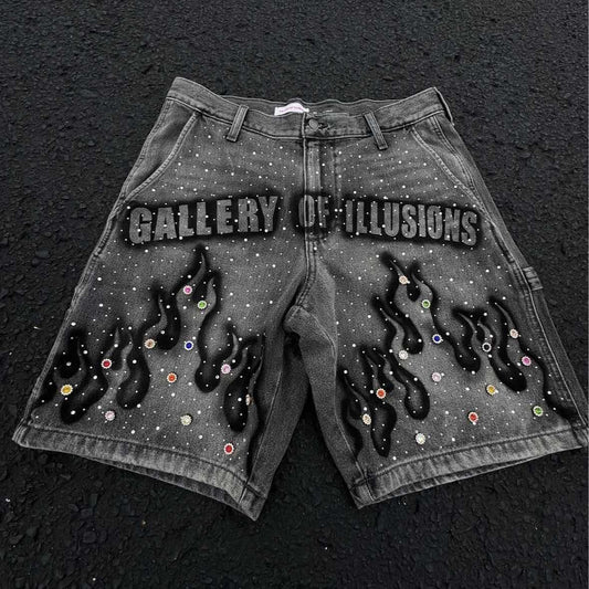 Men's Printed Rhinestone-Embellished Loose Cropped Shorts