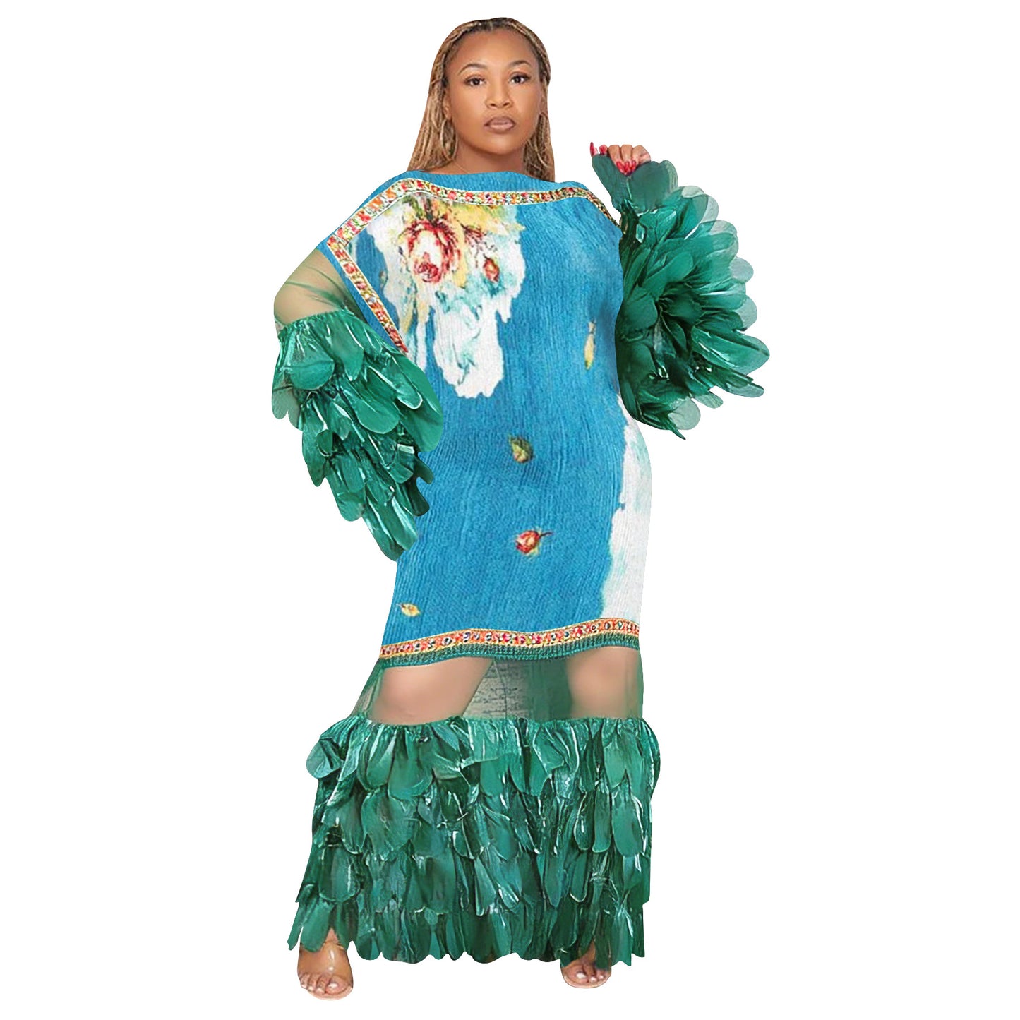 Feather-look Sheer Patchwork Pleated Dress