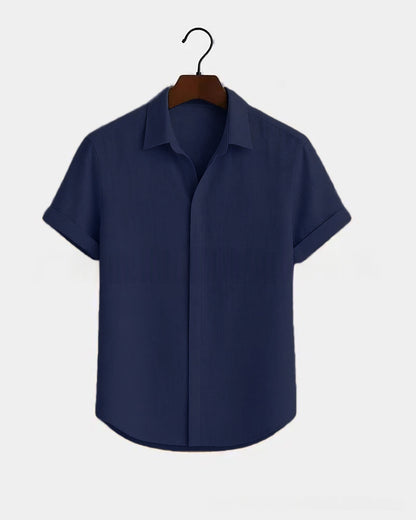 Solid-color Short-sleeve Cotton-linen Shirt For Men