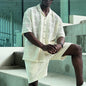 Mens Hollow-Out Lapel Button-Up Shirt And Loose Casual Shorts Set