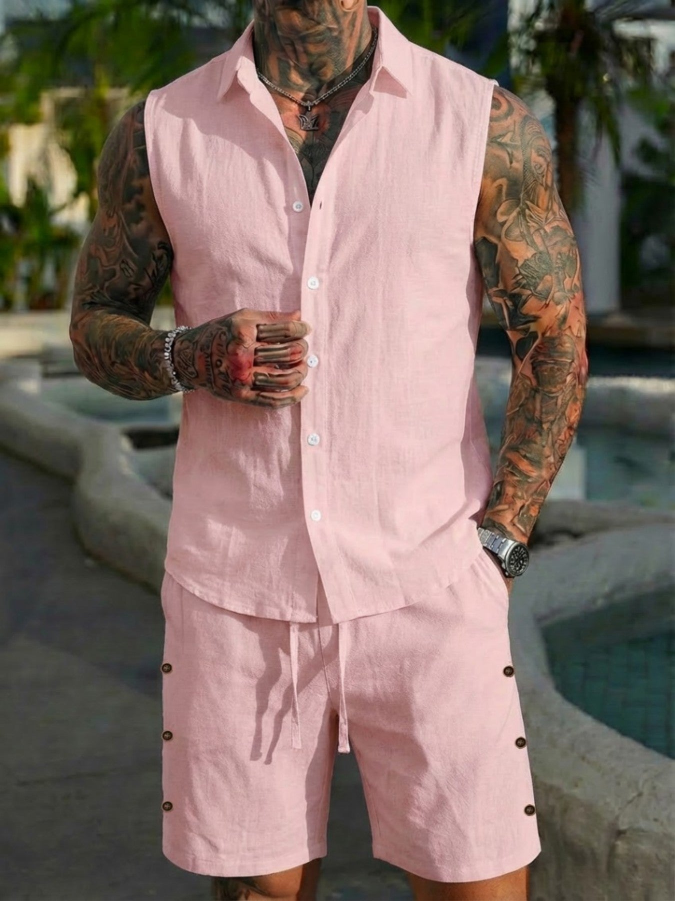 Men's Solid-Colored Linen Breathable Beach Set