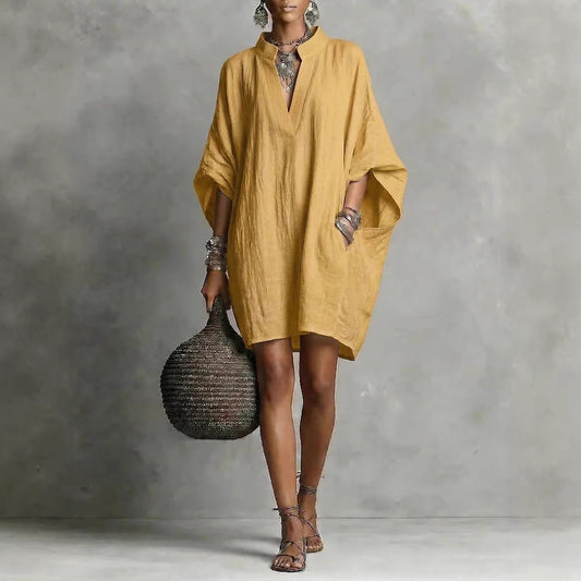 Womens SpringSummer Casual Mid-Sleeve Solid-Color Dress