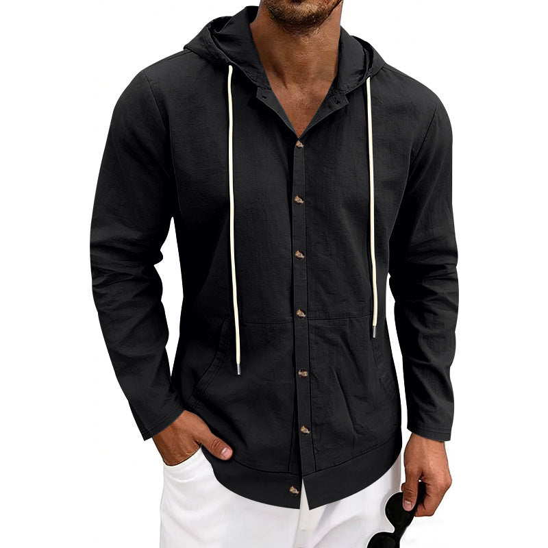 Loose-fit Men's Linen Casual Hooded Long-Sleeve Shirt