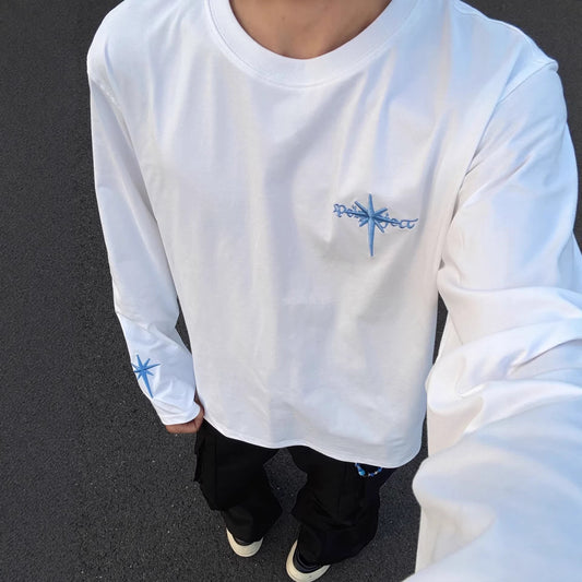 T-shirt à manches longues pour homme de style haut de gamme américain avec broderie lettrage.