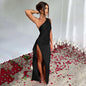 Robe d'été élégante et moulante en satin uni à une épaule et dos nu fendue, sexy et raffinée, pour femme