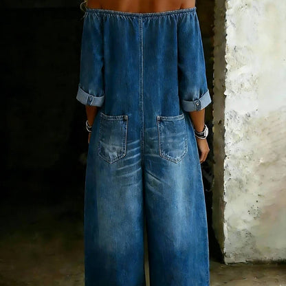 Single-breasted Off-shoulder Washed Faux Denim Jumpsuit
