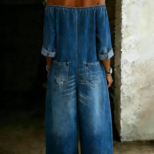 Single-breasted Off-shoulder Washed Faux Denim Jumpsuit