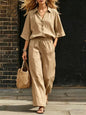 Womens Short-Sleeve Shirt And Loose Pants Two-Piece Set