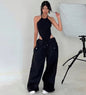 Solid-color Lace-up Loose-fitting Straight-leg Work Pants