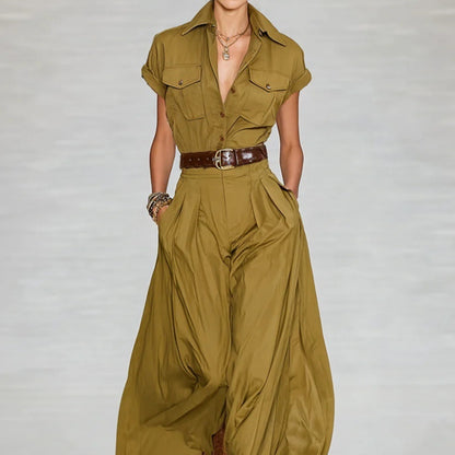 Short-sleeve Shirt-style Long Dress With Pockets