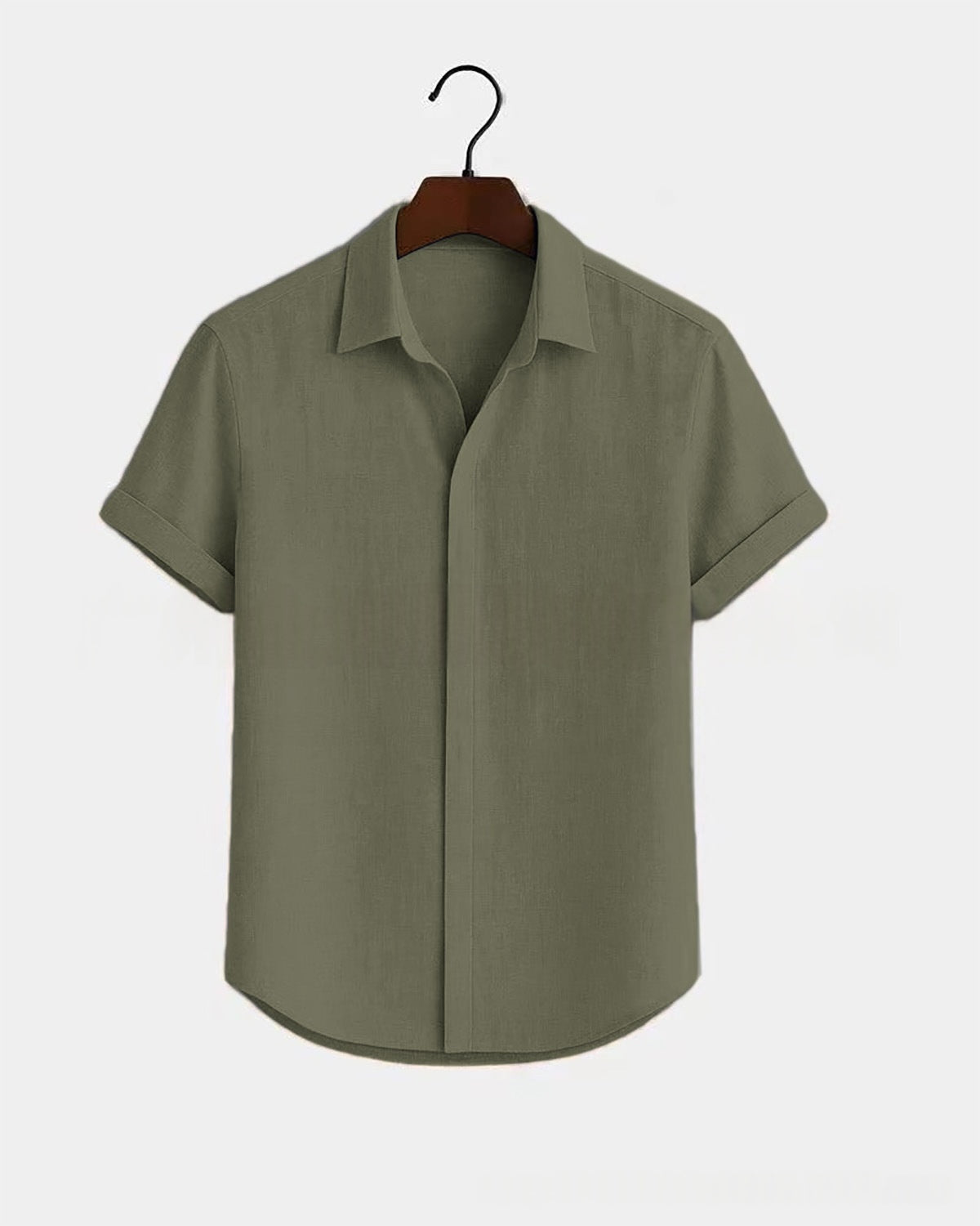 Solid-color Short-sleeve Cotton-linen Shirt For Men
