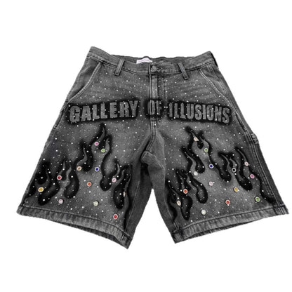 Men's Printed Rhinestone-Embellished Loose Cropped Shorts