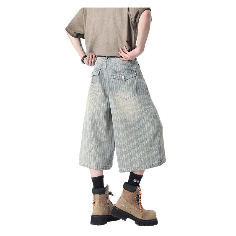 Workwear Striped Capri Denim Shorts