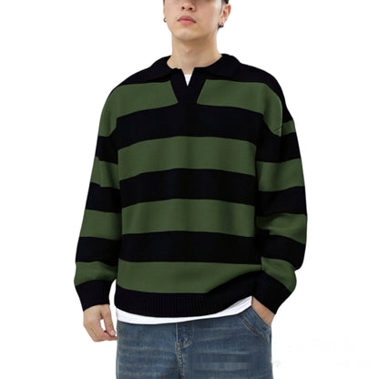 Men's Casual Spring Autumn Everyday V-Neck Pullover Contrast-Color Striped Long-Sleeve Knit Sweater