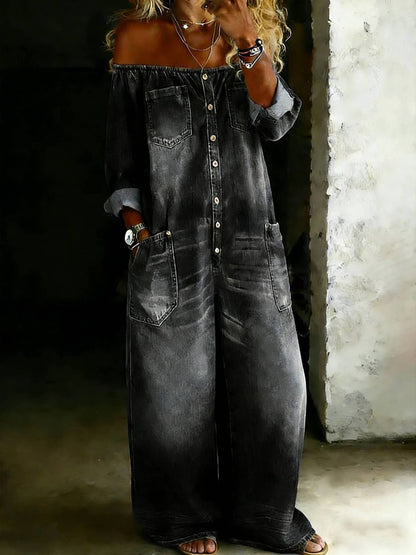 Single-breasted Off-shoulder Washed Faux Denim Jumpsuit