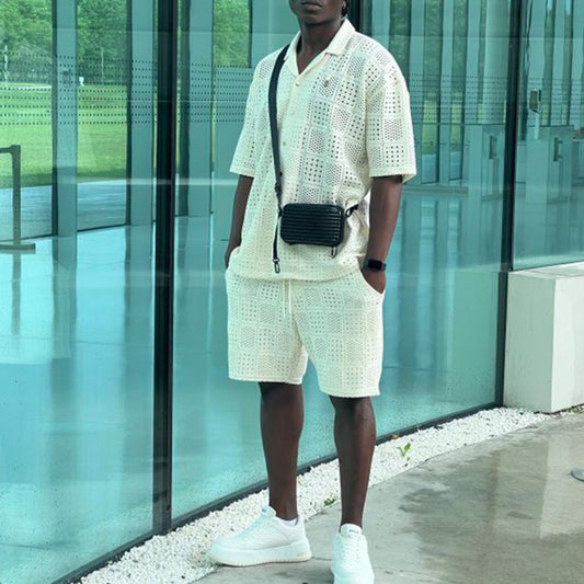 Mens Hollow-Out Lapel Button-Up Shirt And Loose Casual Shorts Set