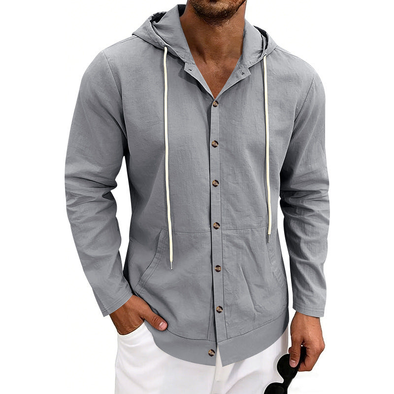 Loose-fit Men's Linen Casual Hooded Long-Sleeve Shirt