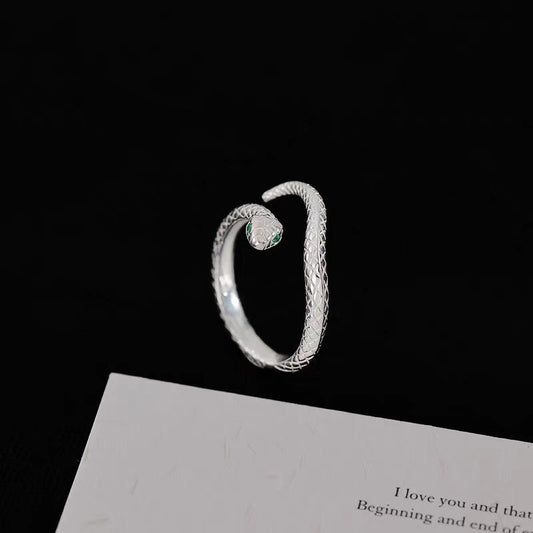 S925 Sterling Silver Green Eye Spirit Snake Ring For Women, Niche Minimalist Cool Style, Snake Design, Premium Light Luxury Open Index Finger Ring