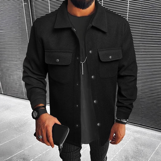 New Mens Button-front Overcoat With Flap Pockets