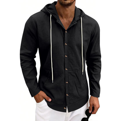 Loose-fit Men's Linen Casual Hooded Long-Sleeve Shirt