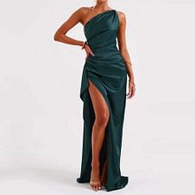 Robe d'été élégante et moulante en satin uni à une épaule et dos nu fendue, sexy et raffinée, pour femme