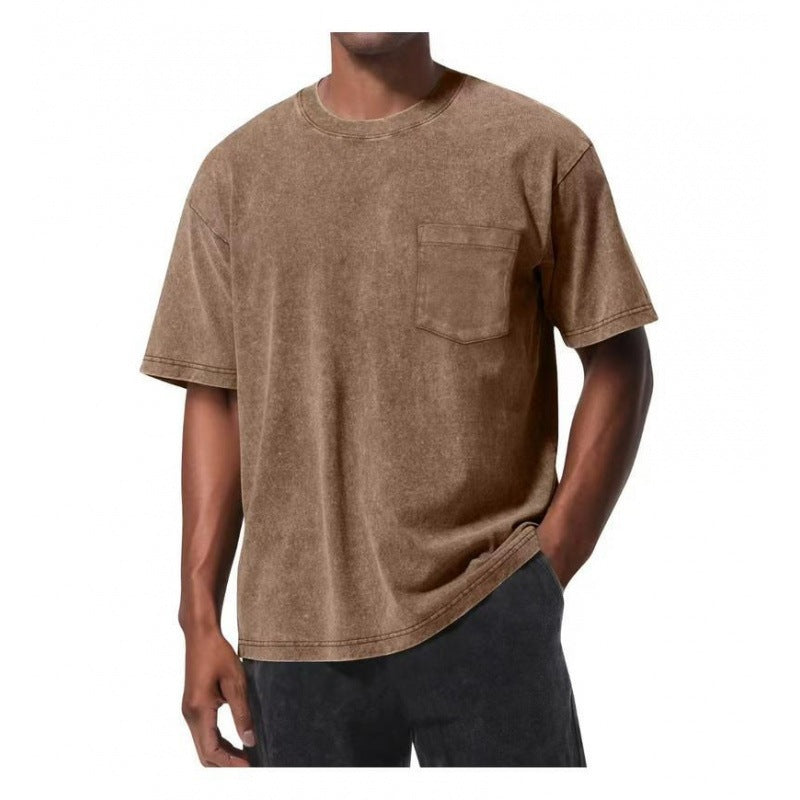 Retro Washed Pocket 3D Digital Print All-Match Crew Neck Short-Sleeve T-Shirt