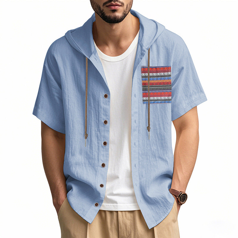 Linen Mens Short-sleeve Lightweight Loose-fitting Hooded T-shirt
