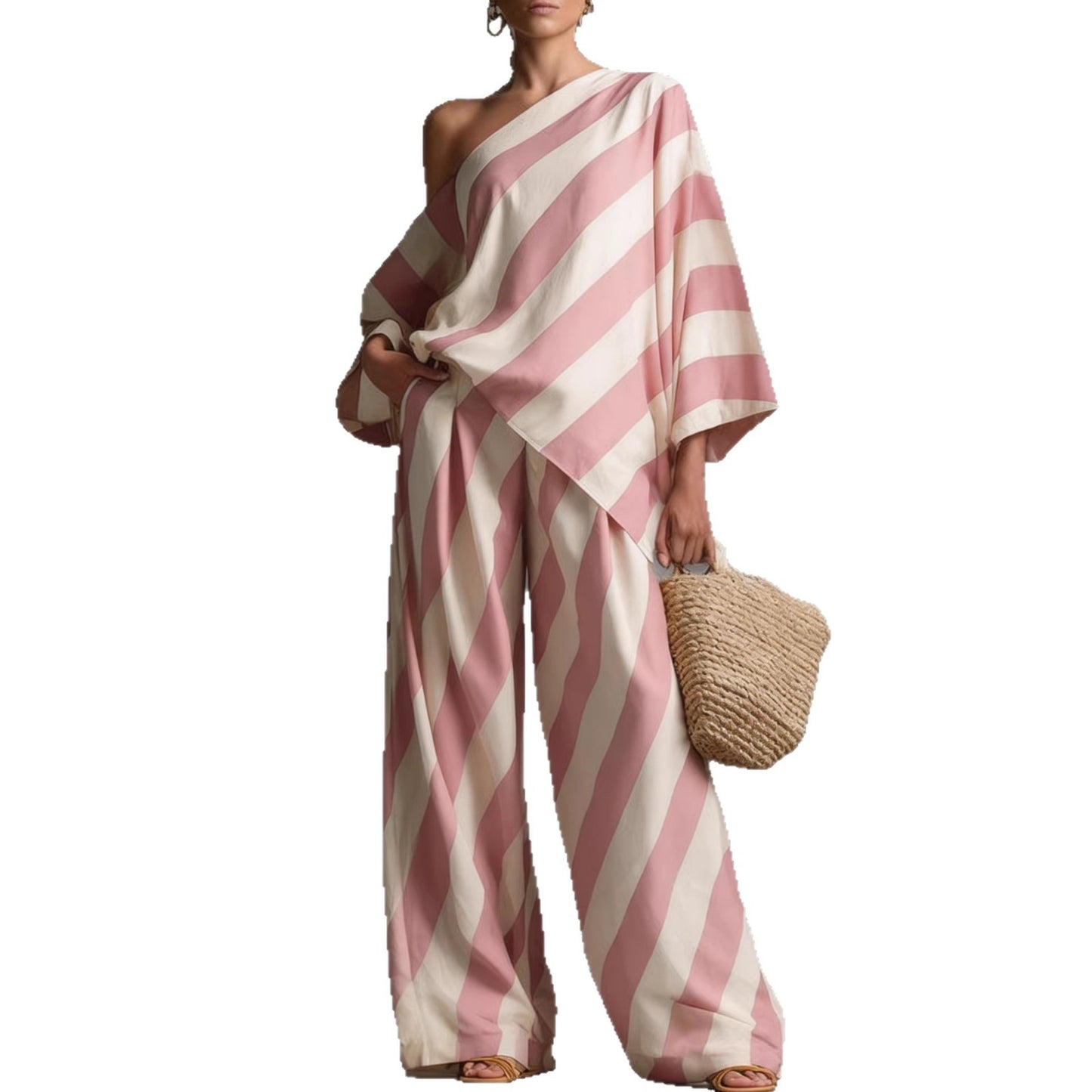 Retro Striped Printed Chiffon Top And Wide-leg Pants Set