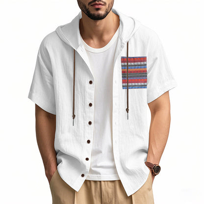 Linen Mens Short-sleeve Lightweight Loose-fitting Hooded T-shirt