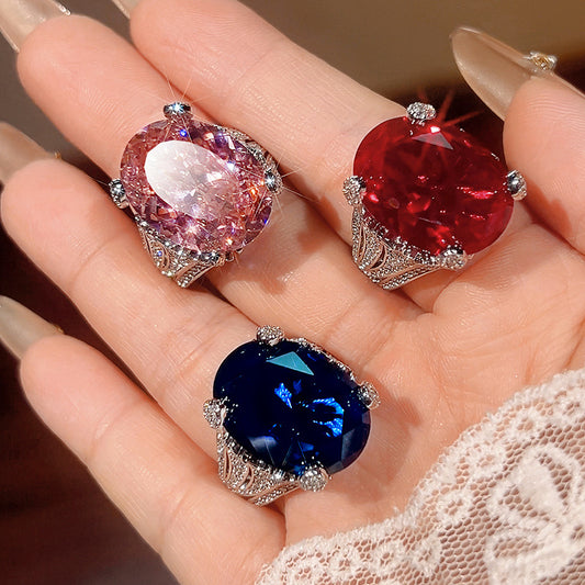 New Fashion Ring With Colorful Gemstones, Blue & Red Corundum, Pink Diamond Inlay, Stylish High-End European And American Style For Women