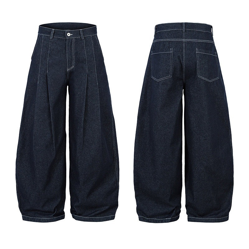 Men's High Waist Wide Leg Cut Off Denim Shorts - Blue Pleated Straight Fit Cotton Blend Jeans for Spring and Autumn