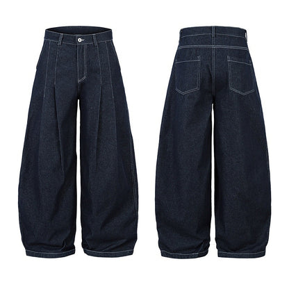 Men's High Waist Wide Leg Cut Off Denim Shorts - Blue Pleated Straight Fit Cotton Blend Jeans for Spring and Autumn