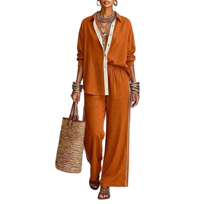 Contrast-color Casual Solid-color Loose Pants Two-piece Set