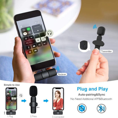 Microphone cravate sans fil : mini micro portable pour enregistrement audio et vidéo, compatible iPhone et Android. Batterie longue durée, idéal pour le direct (Live), le jeu vidéo et les créateurs de contenu.