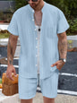 Fashionable Casual Stand Collar Pocket Short-Sleeve Shirt And Mens Shorts Two-Piece Set