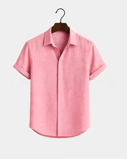 Solid-color Short-sleeve Cotton-linen Shirt For Men