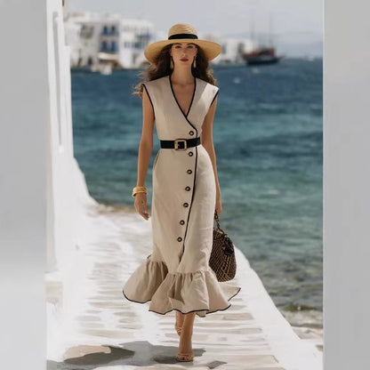 Robe midi tendance en lin mélangé à col en V