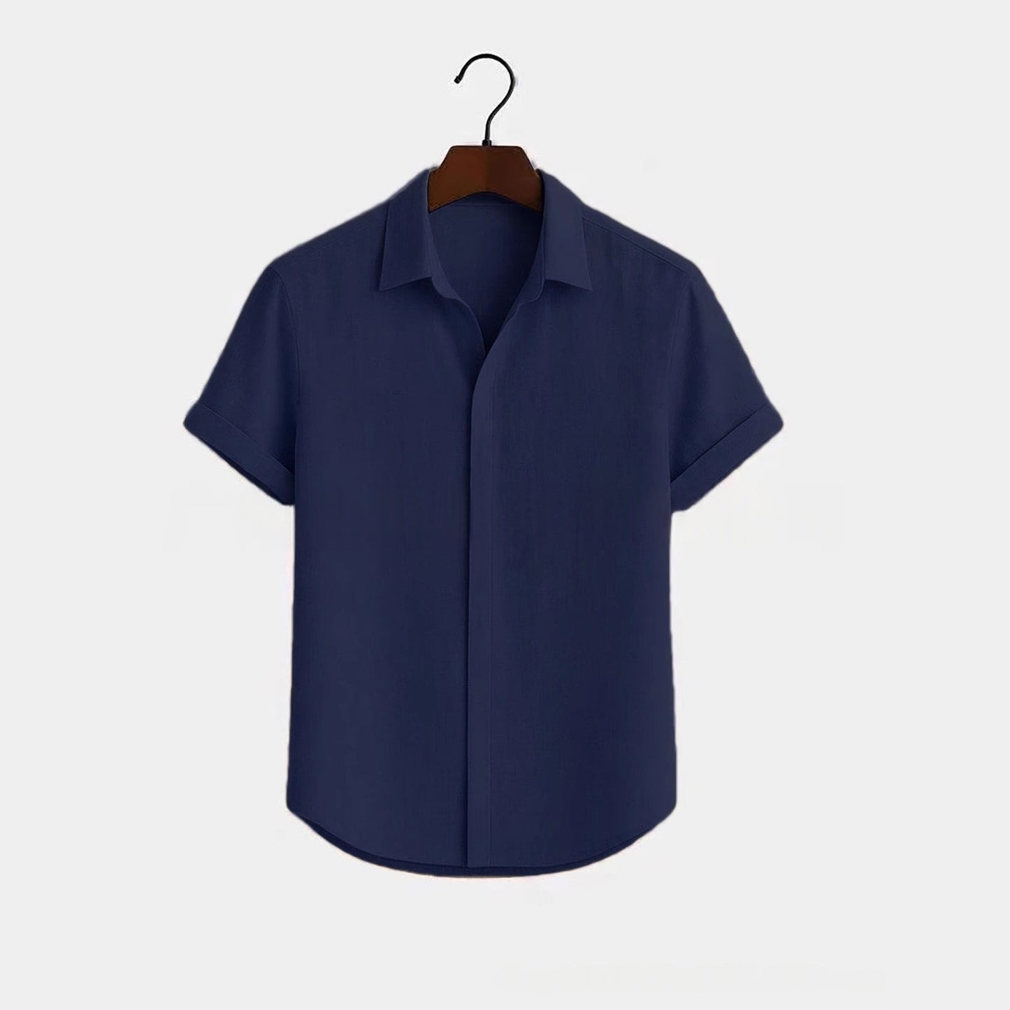 Solid-color Short-sleeve Cotton-linen Shirt For Men