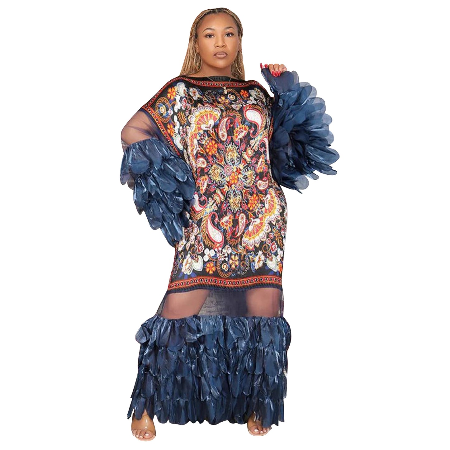 Feather-look Sheer Patchwork Pleated Dress