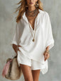 Ensemble tendance pour femme en coton et lin : chemise et short de plage avec poches.