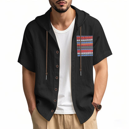 Linen Mens Short-sleeve Lightweight Loose-fitting Hooded T-shirt