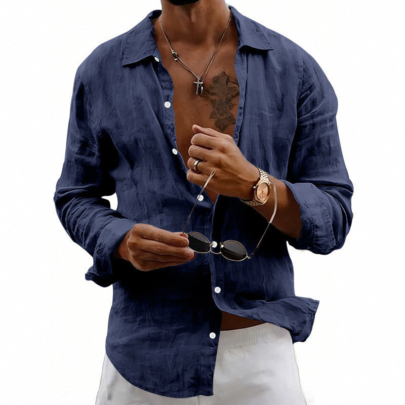 Loose-fit Cardigan With A Lapel Collar Versatile Linen Long-sleeve Shirt